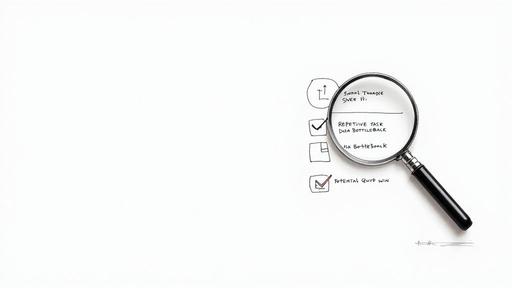 A magnifying glass highlights a hand-drawn checklist with tasks, bottlenecks, and a potential quick win.