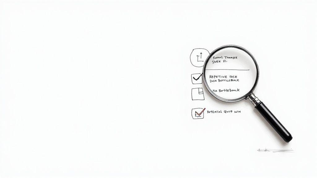 A magnifying glass highlights a hand-drawn checklist with tasks, bottlenecks, and a potential quick win.
