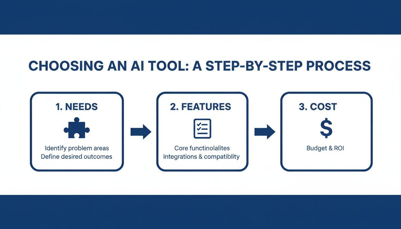 Infographic detailing a three-step process for selecting an AI tool based on needs, features, and cost.