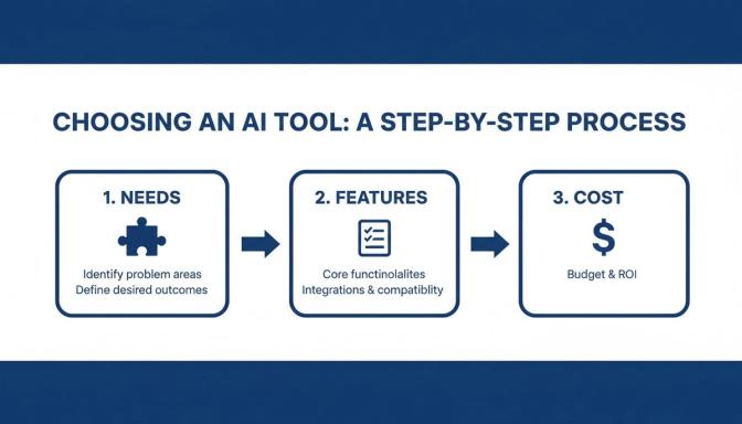 Infographic detailing a three-step process for selecting an AI tool based on needs, features, and cost.