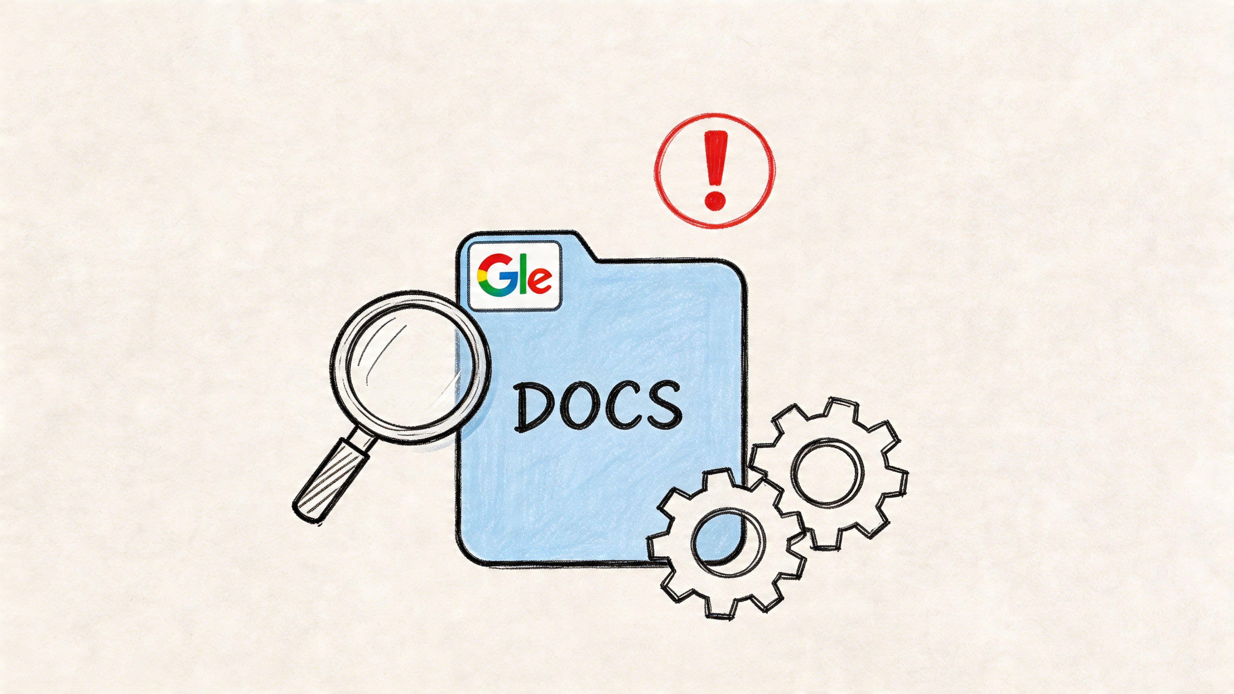 A hand-drawn sketch of a blue folder with the Google Docs logo, a magnifying glass, and gears.