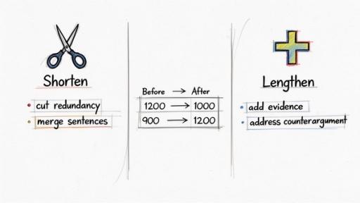 An infographic illustrating how to shorten content by cutting redundancy and lengthen it by adding evidence.