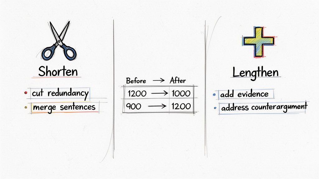 An infographic illustrating how to shorten content by cutting redundancy and lengthen it by adding evidence.