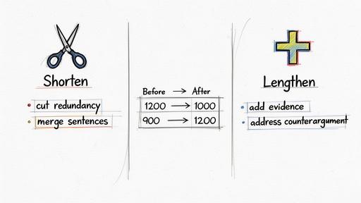 An infographic illustrating how to shorten content by cutting redundancy and lengthen it by adding evidence.