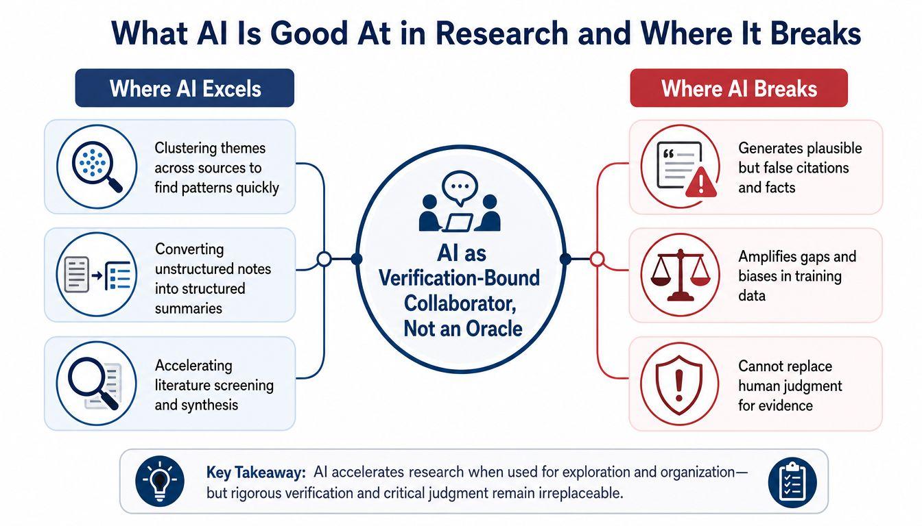 A diagram contrasting AI's strengths in research, such as summarizing data, against its weaknesses like hallucinations.