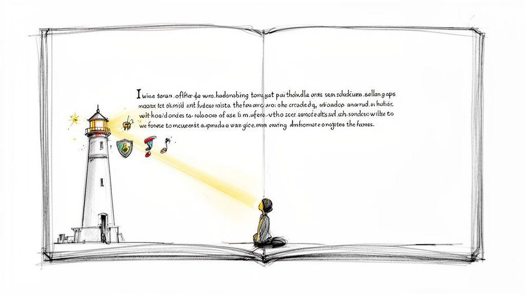An open book illustration depicting a lighthouse beam illuminating icons and a person, symbolizing story guidance.