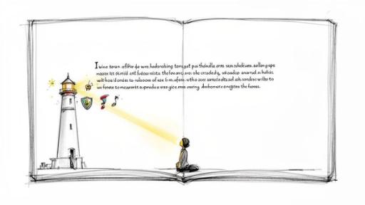An open book illustration depicting a lighthouse beam illuminating icons and a person, symbolizing story guidance.