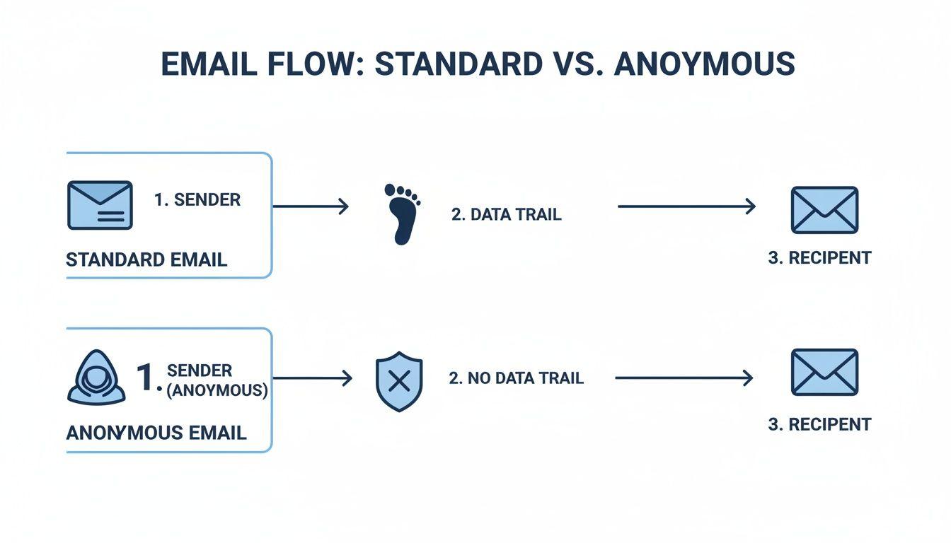 Infographic showing standard email with data trail and anonymous email without one.