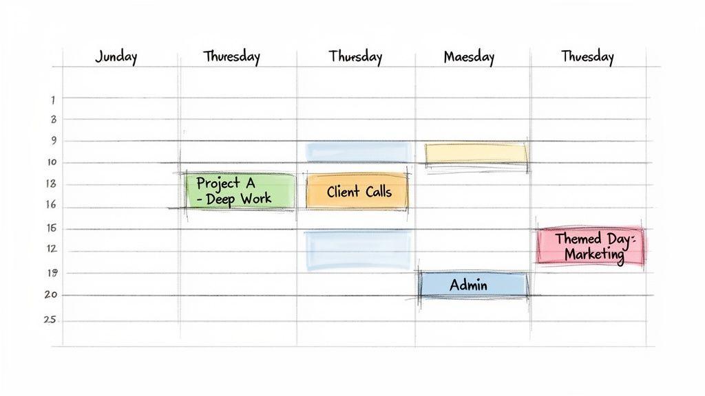 A handwritten calendar schedule displaying a week's tasks and appointments, including project work and calls.