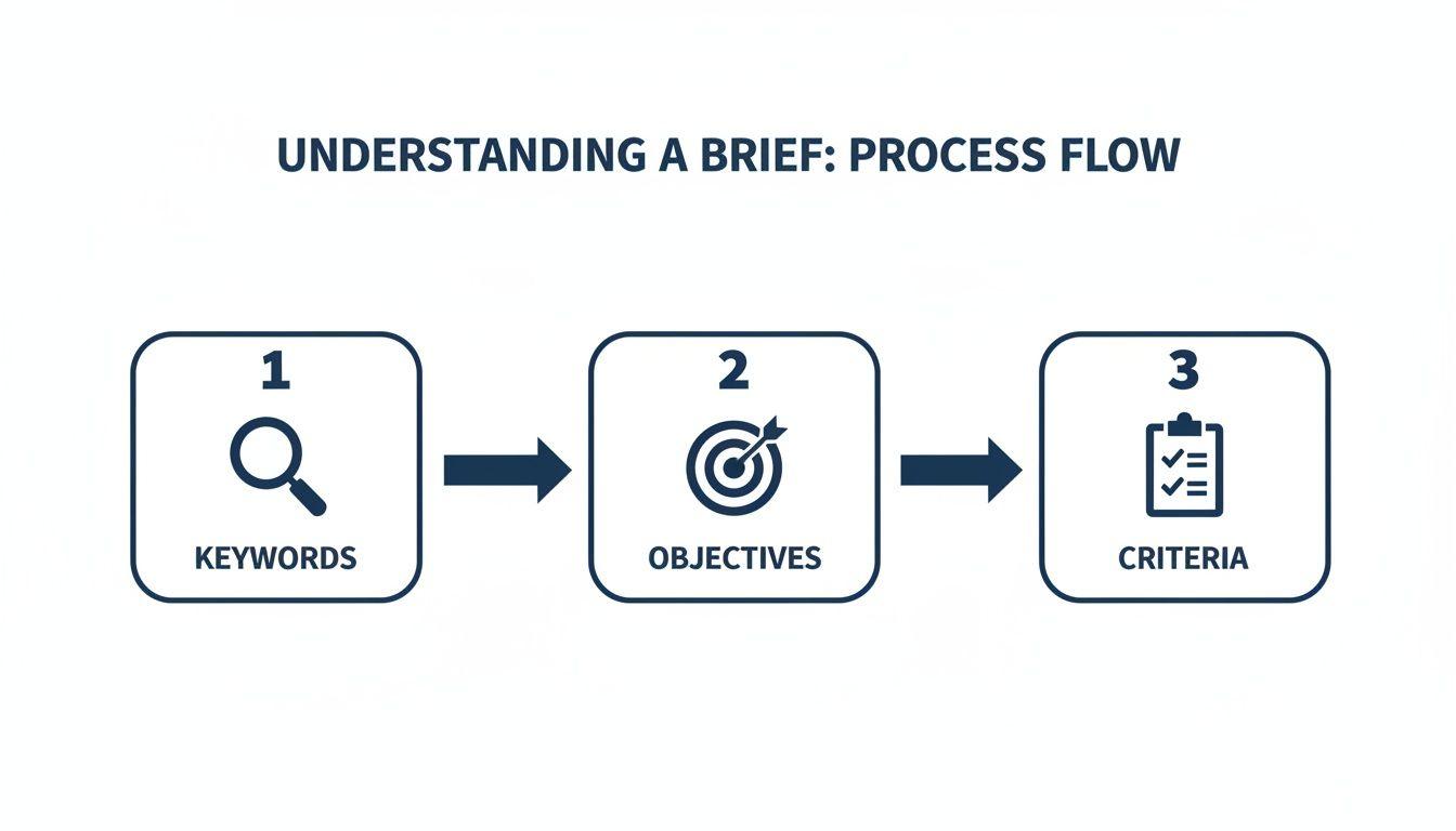 Process flow diagram for understanding a brief, showing steps: Keywords, Objectives, Criteria.
