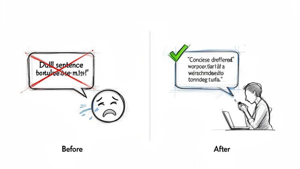 A before-and-after image showing a dull, crying sentence transformed into an improved, concise one.