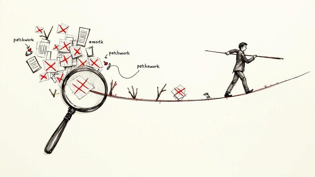 Detailed inspection of patchwork documents with errors, while a man precariously walks a tightrope.
