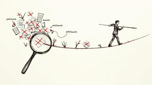 Detailed inspection of patchwork documents with errors, while a man precariously walks a tightrope.