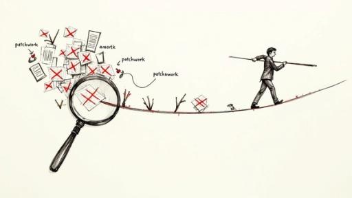 Detailed inspection of patchwork documents with errors, while a man precariously walks a tightrope.