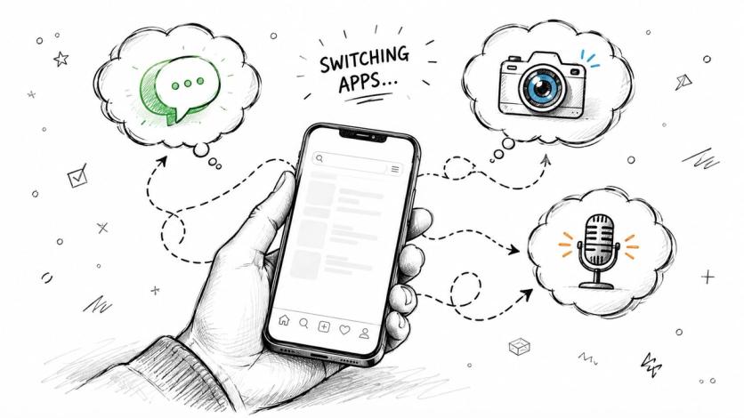 A hand holding a smartphone with floating bubbles showing icons for messaging, photography, and audio recording.