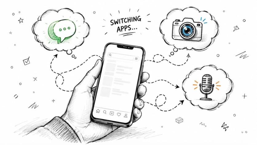 A hand holding a smartphone with floating bubbles showing icons for messaging, photography, and audio recording.