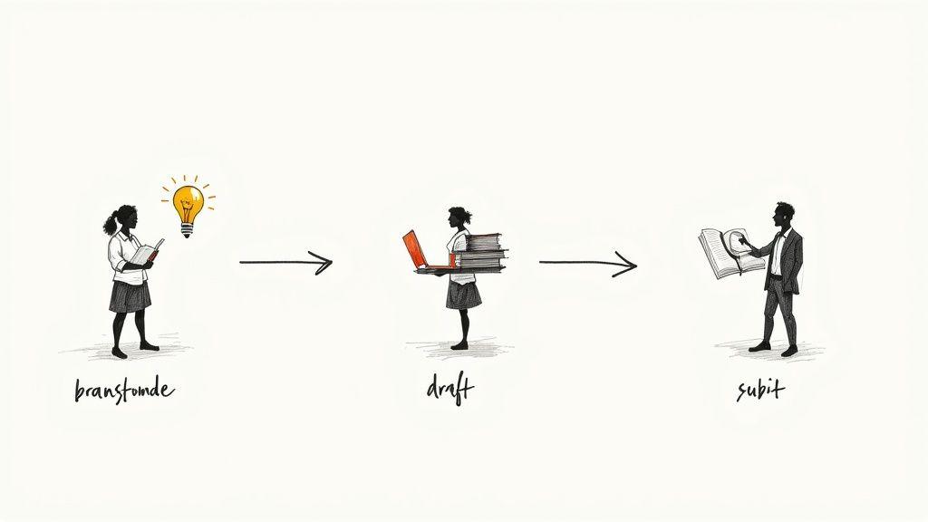 A student sitting at a desk with an open laptop, using AI to organize notes and create an outline for a paper.