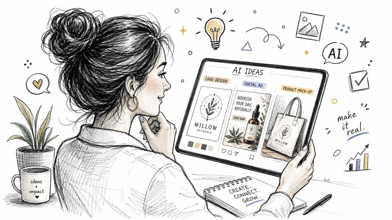 A woman sketching AI-generated designs for a brand named Willow Naturals on her digital tablet device.