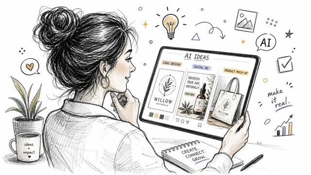 A woman sketching AI-generated designs for a brand named Willow Naturals on her digital tablet device.