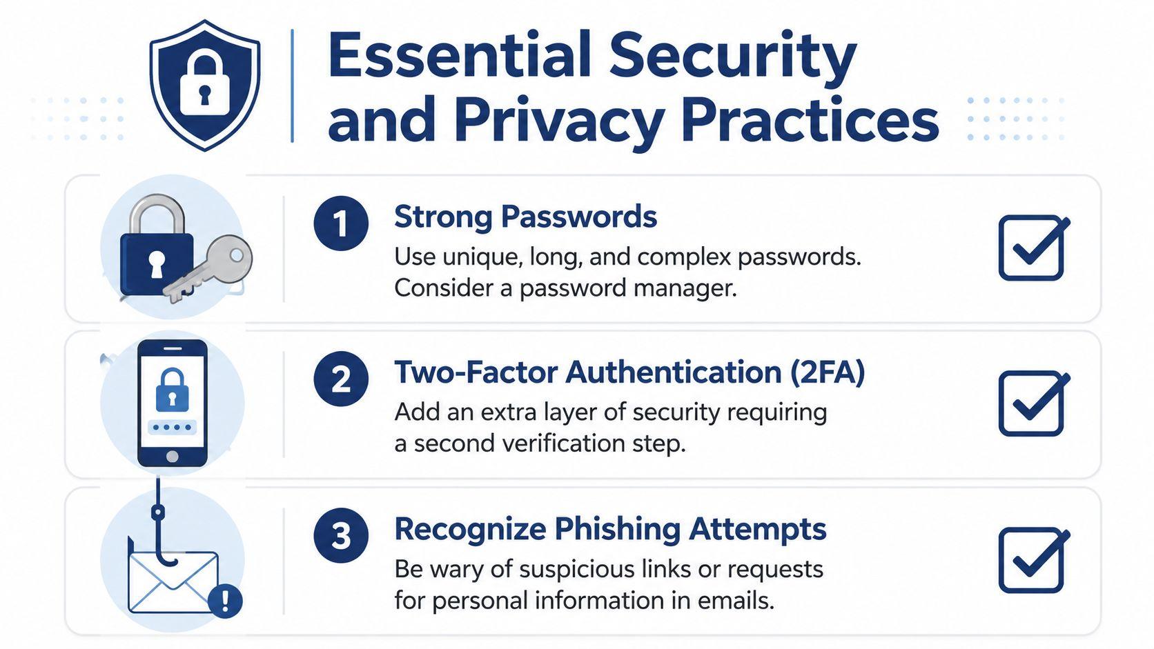 A graphic listing essential security and privacy practices including strong passwords, two-factor authentication, and recognizing phishing attempts.