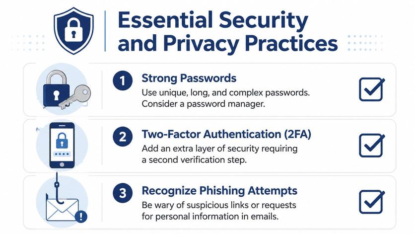 A graphic listing essential security and privacy practices including strong passwords, two-factor authentication, and recognizing phishing attempts.