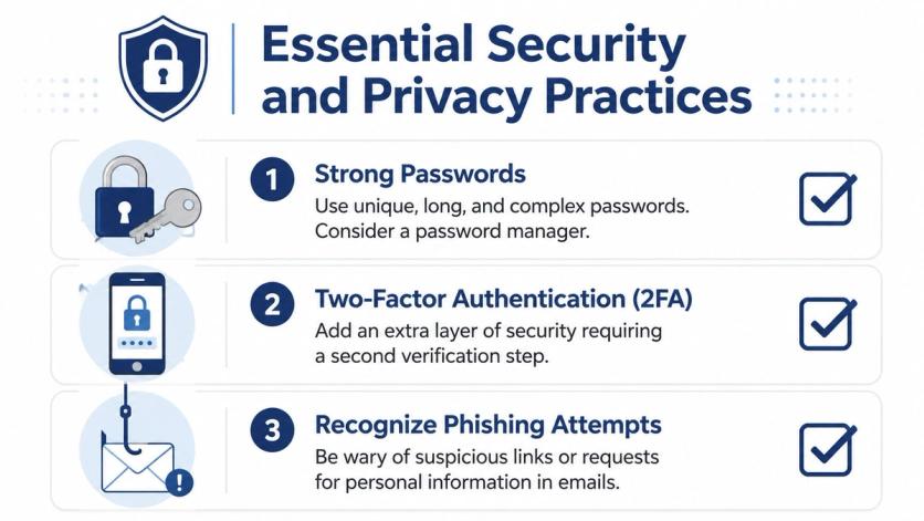 A graphic listing essential security and privacy practices including strong passwords, two-factor authentication, and recognizing phishing attempts.