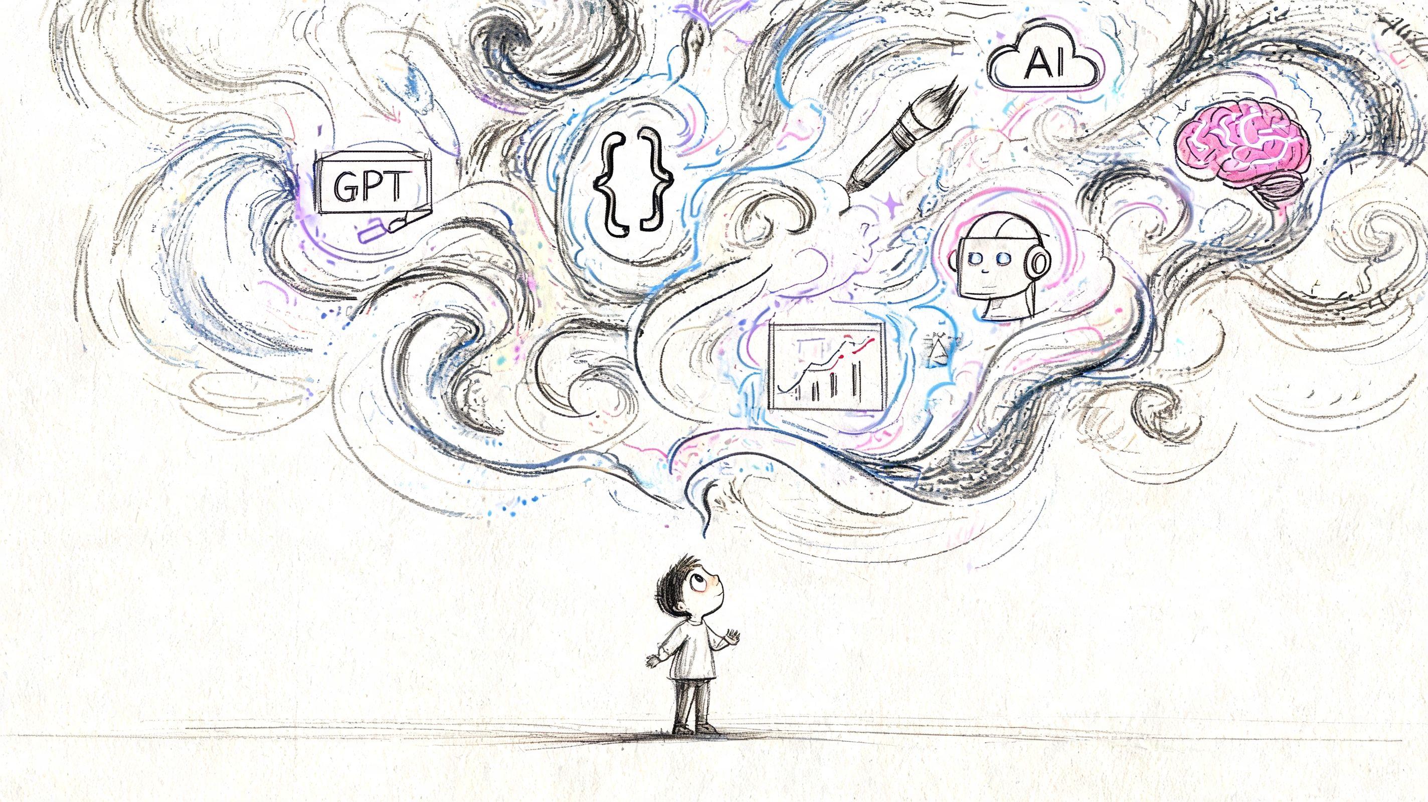 A young boy looking up at a creative, swirling cloud of icons representing artificial intelligence concepts.