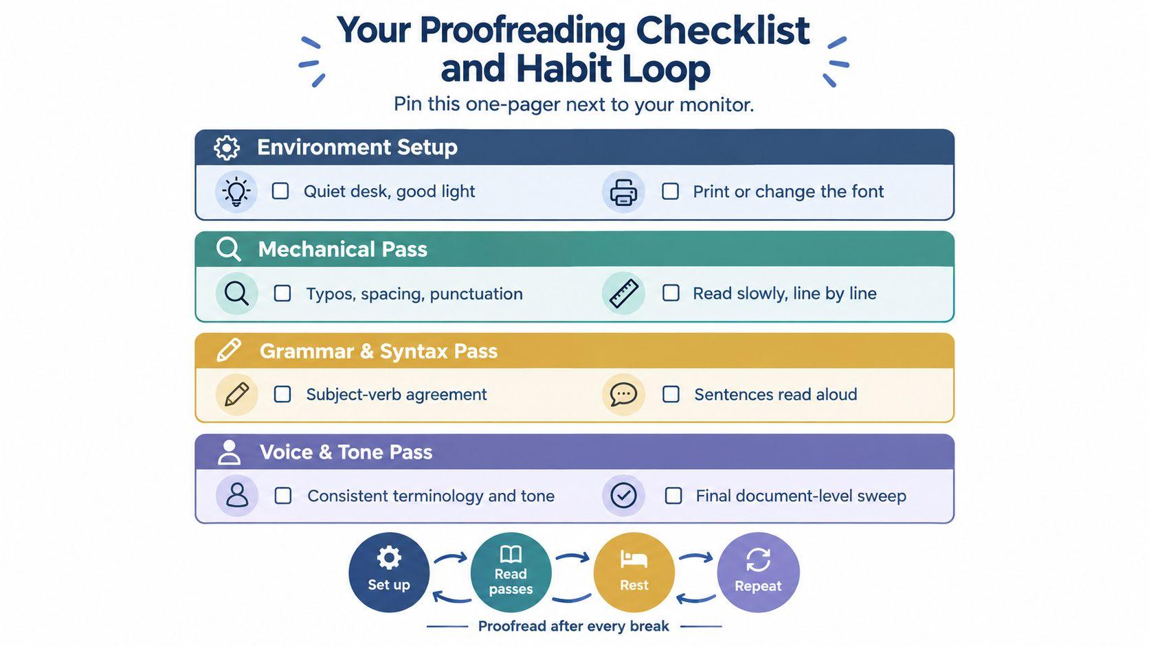 A professional proofreading checklist graphic with color-coded sections for environment setup, mechanical, grammar, and tone passes.