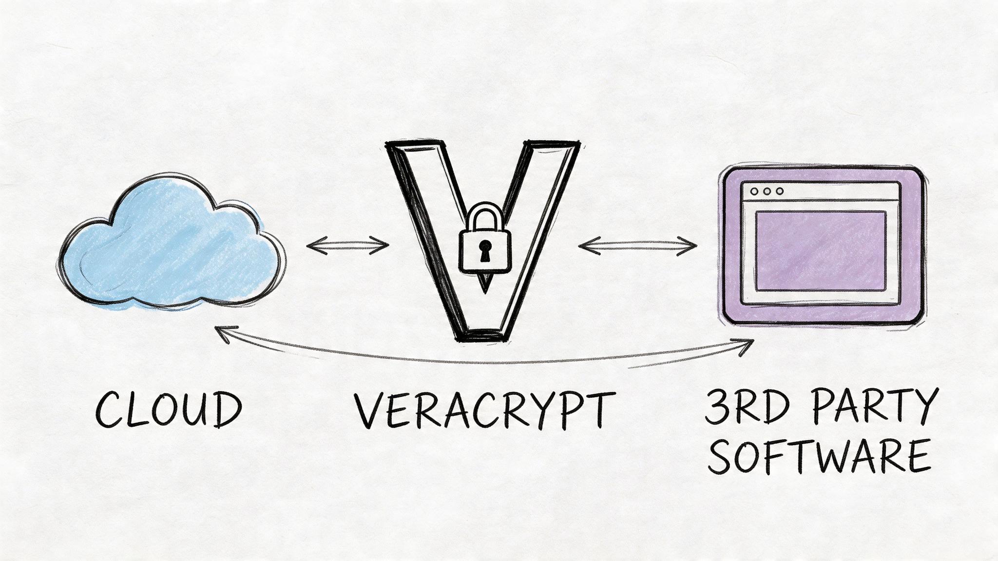 A conceptual diagram showing a cloud storage icon connected to VeraCrypt and third party software tools.