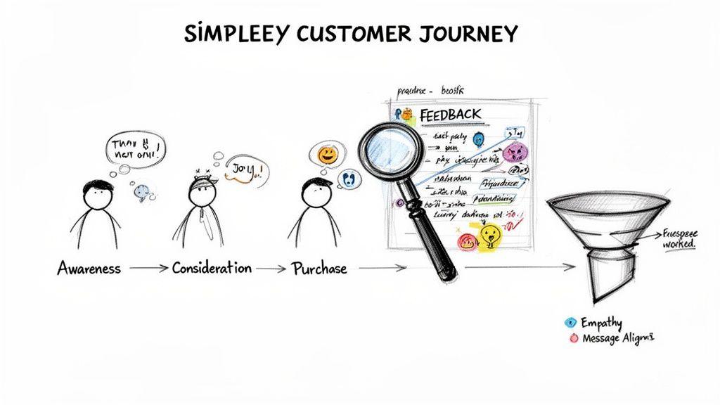 Simpleey customer journey map illustrating awareness, consideration, purchase, feedback analysis, and a conversion funnel.