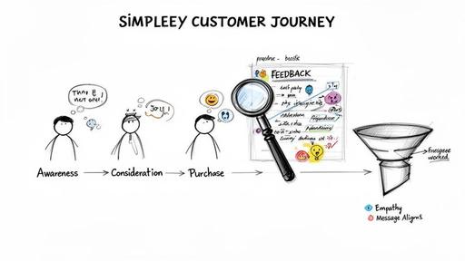 Simpleey customer journey map illustrating awareness, consideration, purchase, feedback analysis, and a conversion funnel.
