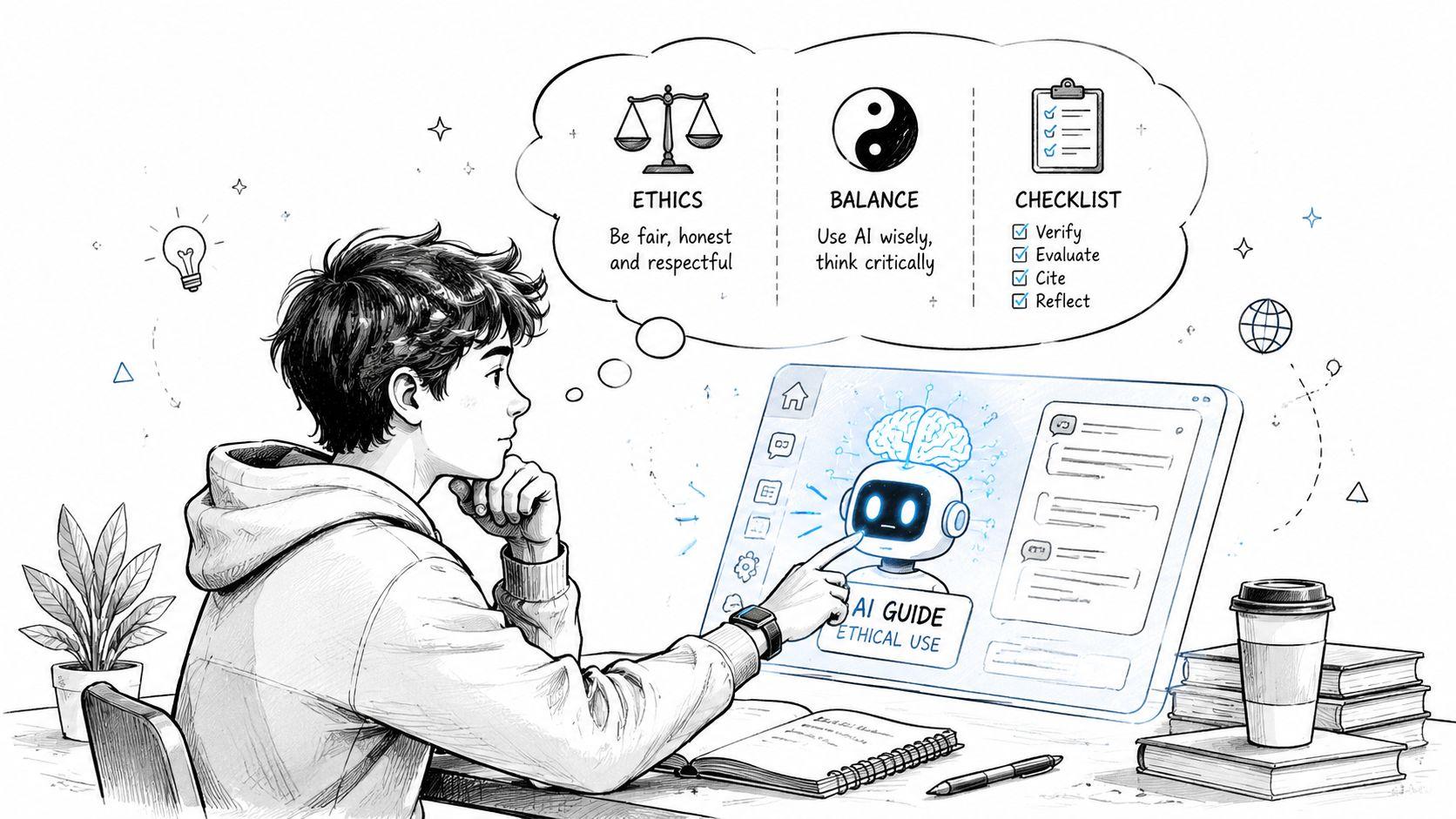 A student using an AI guide to ethically complete tasks, with icons showing balance, ethics, and a checklist.