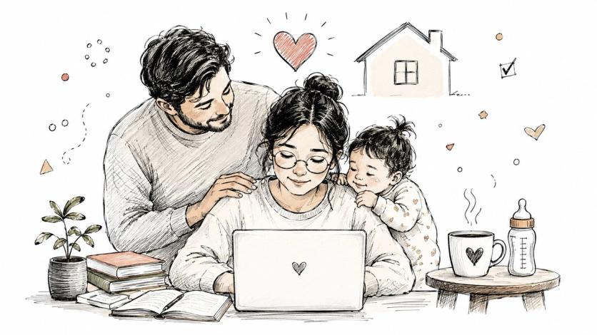 A warm pencil sketch of a loving family unit working together on a laptop at home.