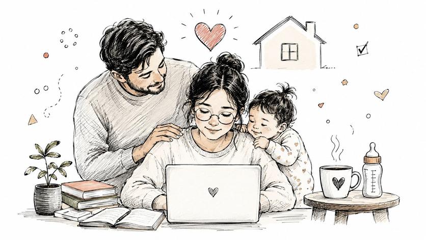 A warm pencil sketch of a loving family unit working together on a laptop at home.