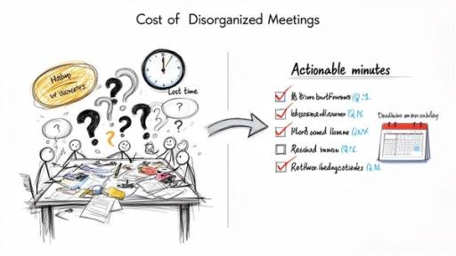 Illustration contrasting chaotic meetings with efficient, actionable meeting minutes for better organization.