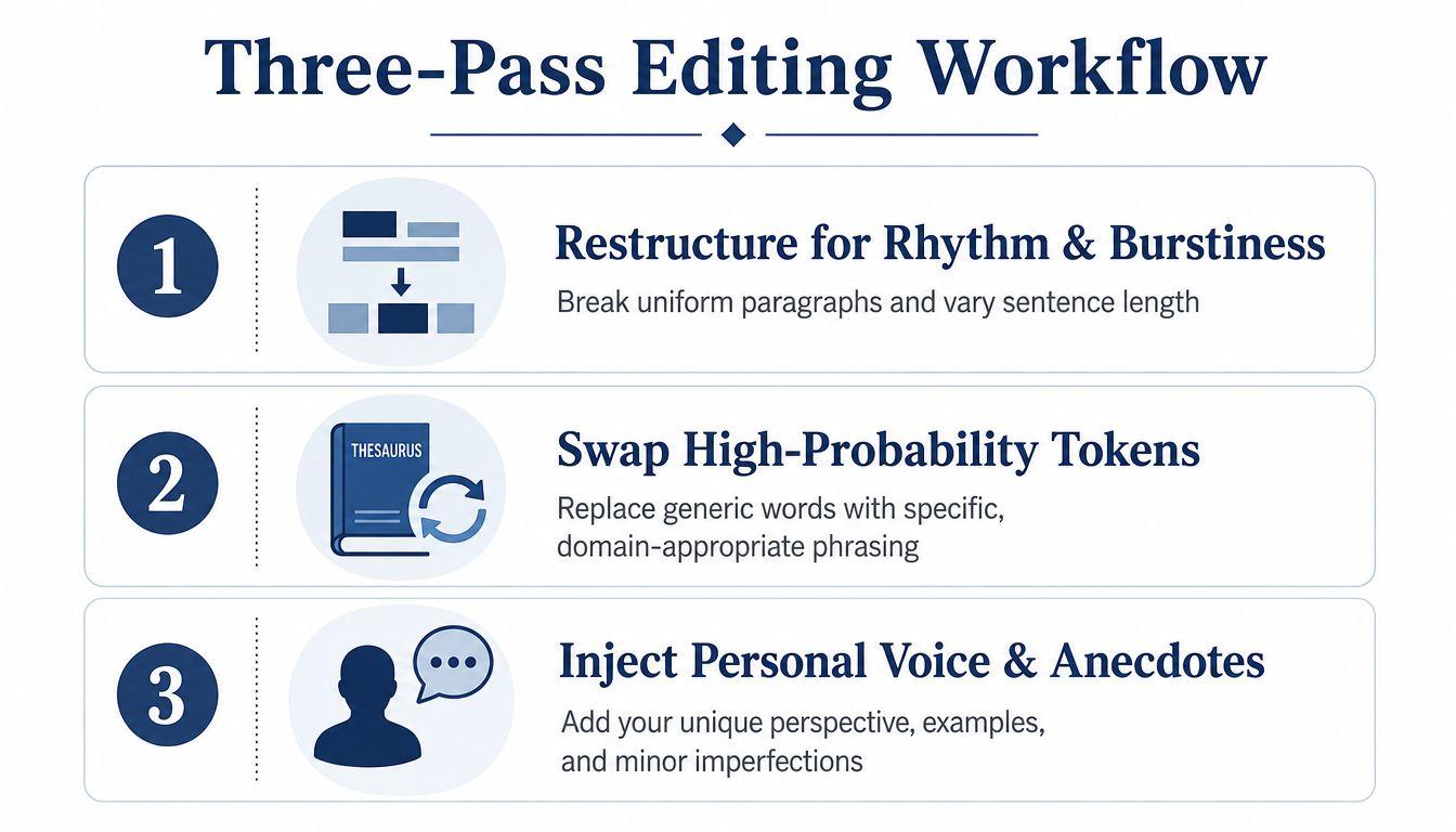 A visual guide titled Three-Pass Editing Workflow featuring three steps to improve written content for human authenticity.