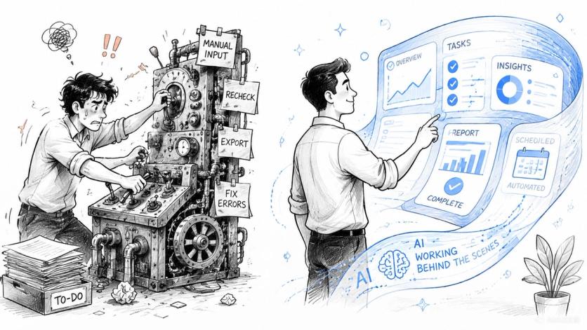 A split image contrasting a man struggling with a manual machine against an efficient man using AI technology.