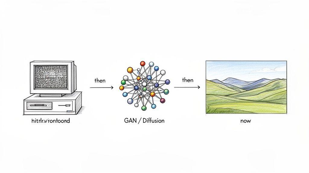 A diagram illustrating the evolution from noisy input on a computer to a clear landscape using GAN/Diffusion AI.
