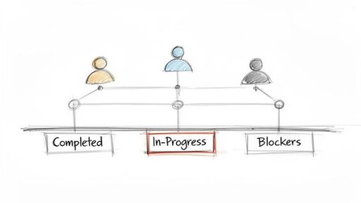 A hand-drawn diagram showing three people connected to boxes: 'Completed', 'In-Progress' (highlighted), and 'Blockers'.