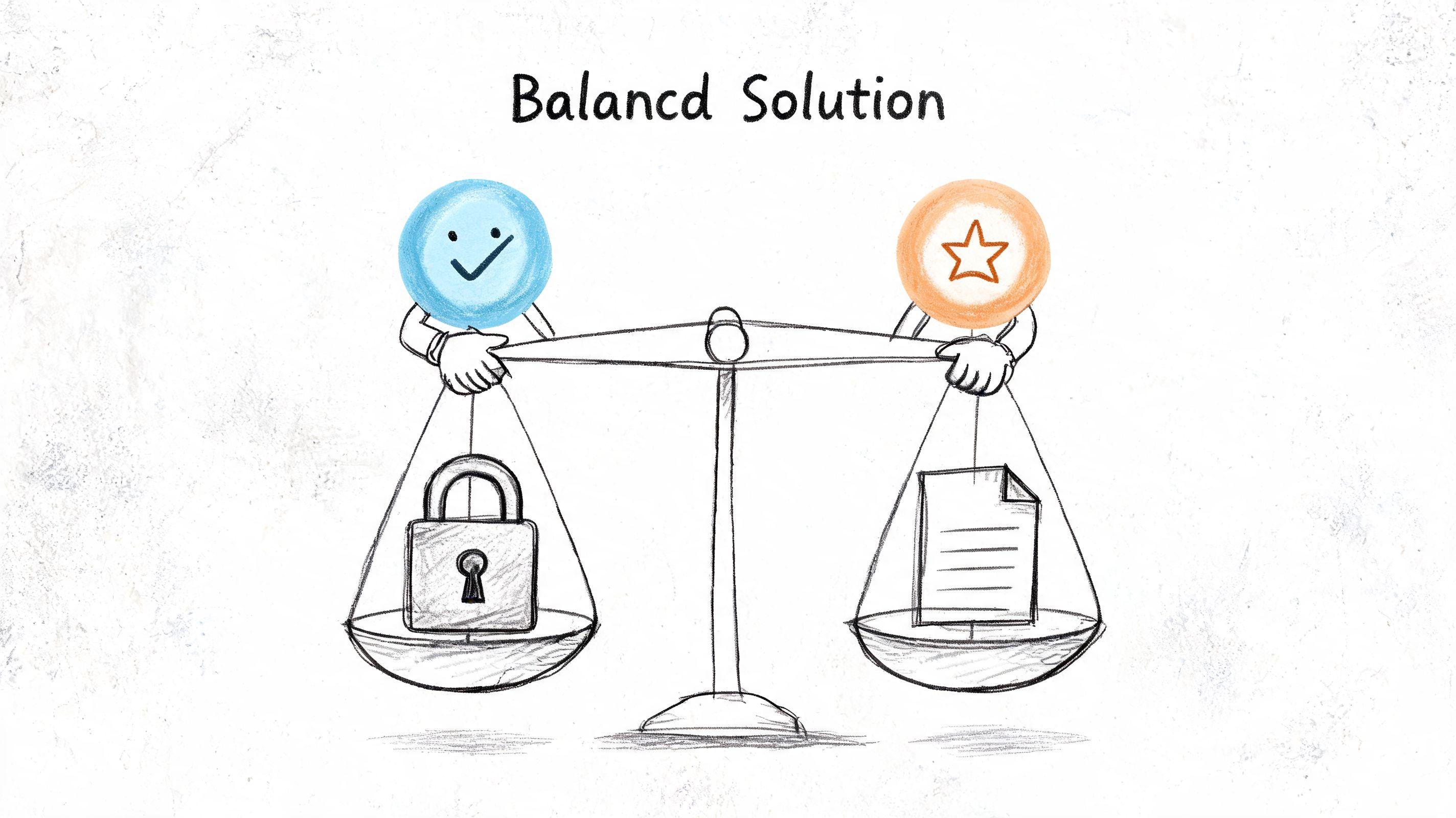 A hand-drawn illustration showing a scale balancing a security lock and a document to symbolize balanced solution.