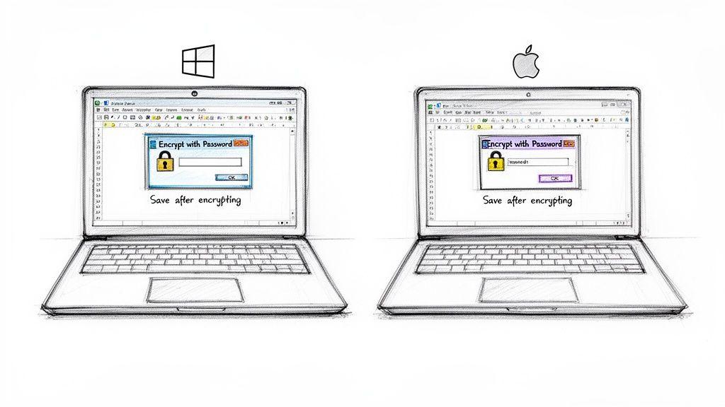 Two laptops, Windows and Mac, display 'Encrypt with Password' dialogs, illustrating file encryption.
