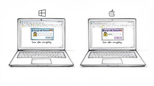 Two laptops, Windows and Mac, display 'Encrypt with Password' dialogs, illustrating file encryption.