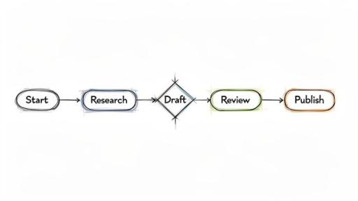 Hand-drawn flowchart illustrating a publishing process with steps: Start, Research, Draft, Review, Publish.