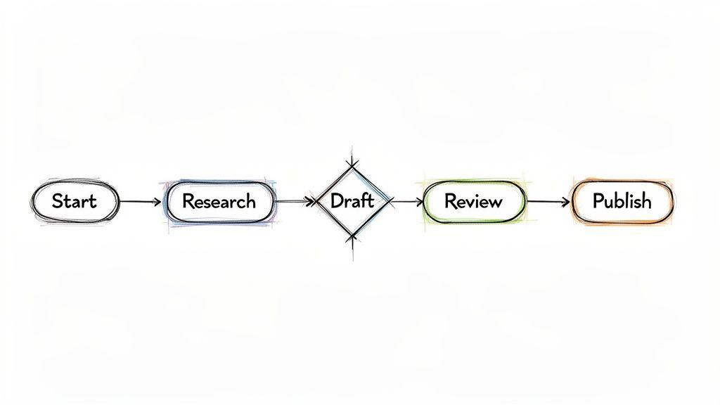 Hand-drawn flowchart illustrating a publishing process with steps: Start, Research, Draft, Review, Publish.