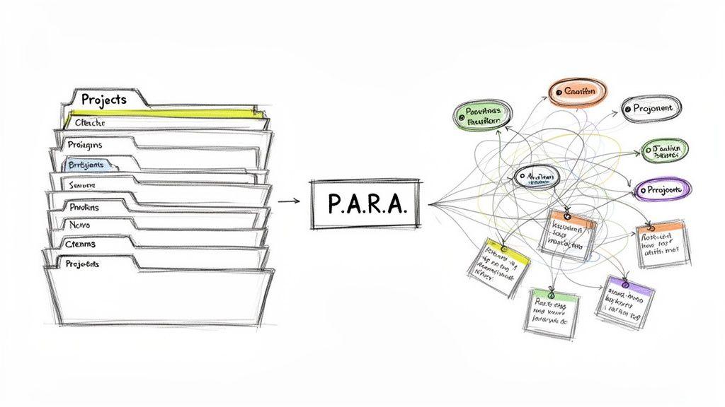 A diagram illustrating the P.A.R.A. method, transforming traditional file folders into a networked knowledge system.