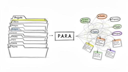 A diagram illustrating the P.A.R.A. method, transforming traditional file folders into a networked knowledge system.
