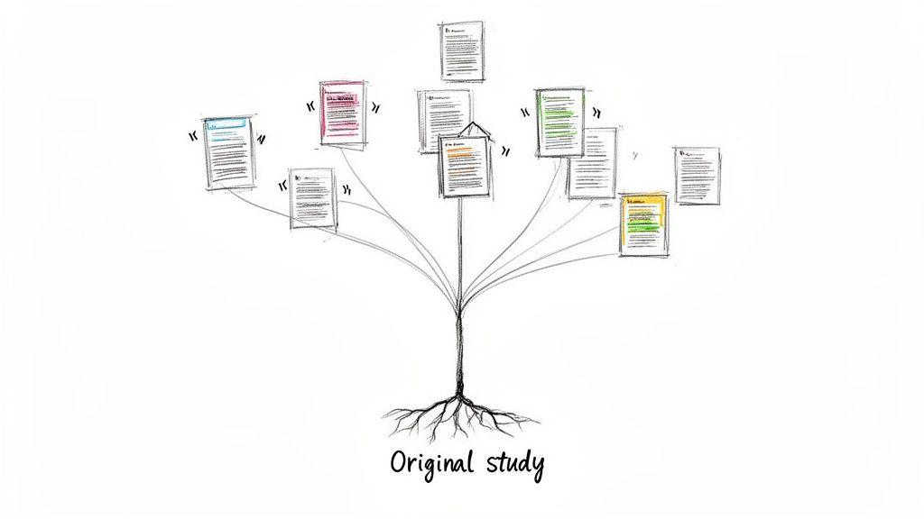 A hand-drawn illustration of an original study as roots, branching into multiple related documents.