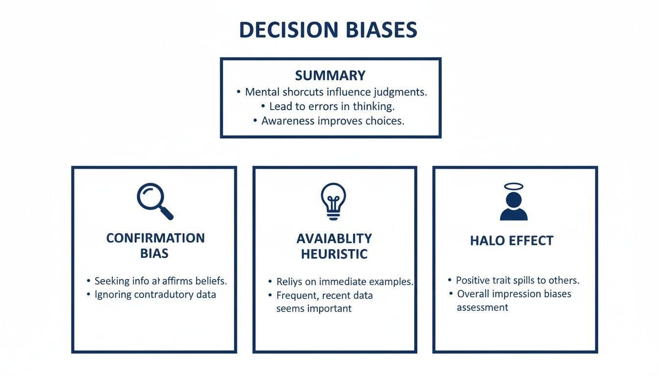 Infographic explaining decision biases: summary, confirmation bias, availability heuristic, and halo effect.