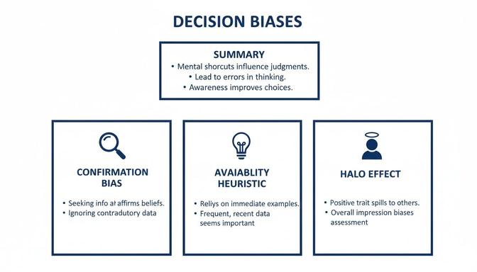 Infographic explaining decision biases: summary, confirmation bias, availability heuristic, and halo effect.