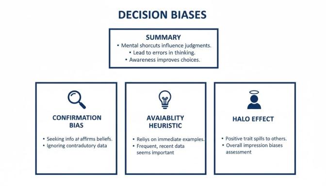 Infographic explaining decision biases: summary, confirmation bias, availability heuristic, and halo effect.